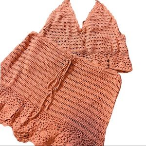 Venus Crochet Knit Two Piece Beach Set Swimsuit Cover Up Peach/Coral size L